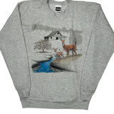 Deer And Farmhouse Graphic Tultex Graphic Sweatshirt - Large Grey Cotton Blend
