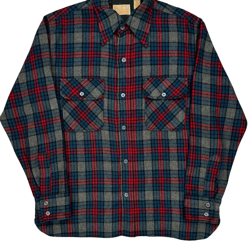 Sears Checked Flannel Shirt - Medium Blue Wool Blend