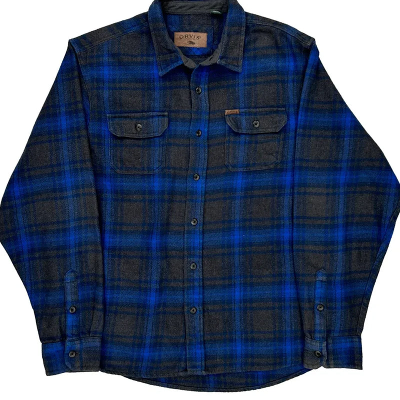 Orvis Checked Flannel Shirt - XL Blue Cotton