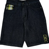 Plaid Pocket Detail Red Ape Denim Shorts - 34W 12L Dark Wash Denim