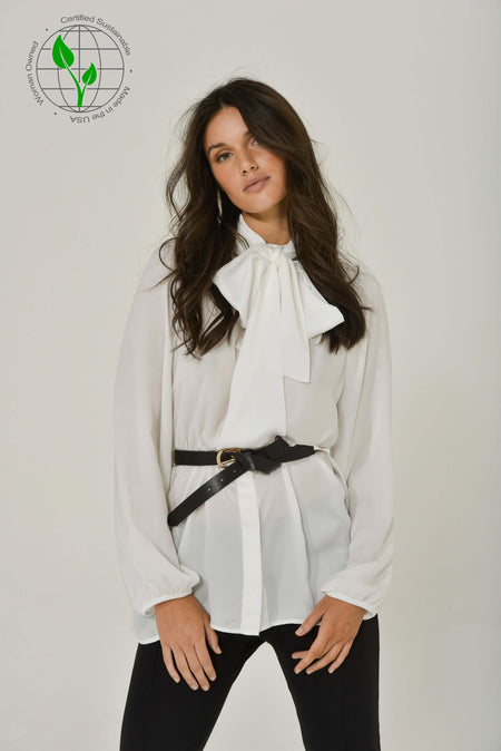 White Long Sleeve Mandarin Blouse w/ Removable Bow