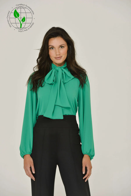 Emerald Green Long Sleeve Mandarin w/ Removable Bow