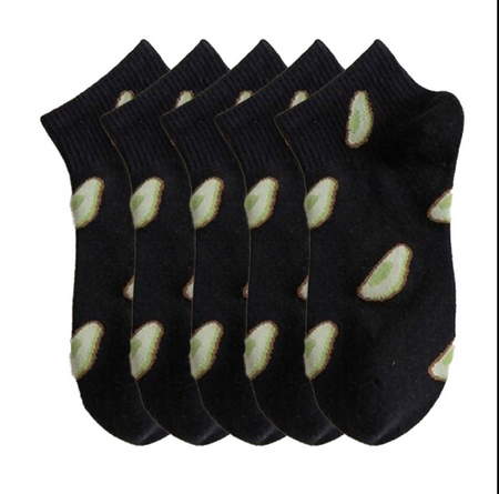 Anyfootwear 5 Pairs One Size 5-9 Black Spring Summer Cotton Avocado Design Breathable Ankle Socks Casual School Girl Socks For Women