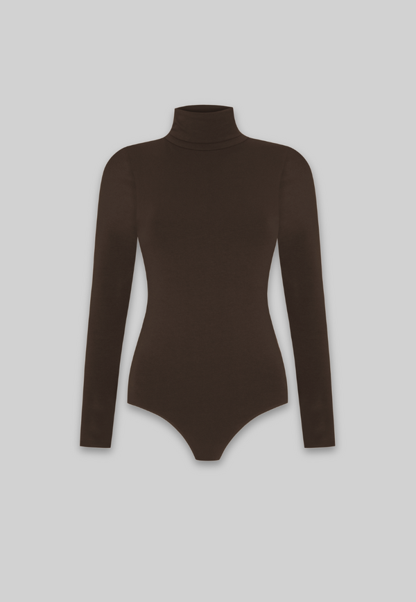 Organic Cotton Long Sleeve Roll-Neck Bodysuit, Hot Fudge