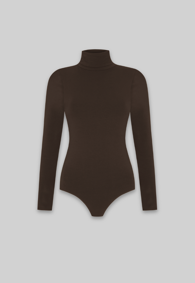 Organic Cotton Long Sleeve Roll-Neck Bodysuit, Hot Fudge