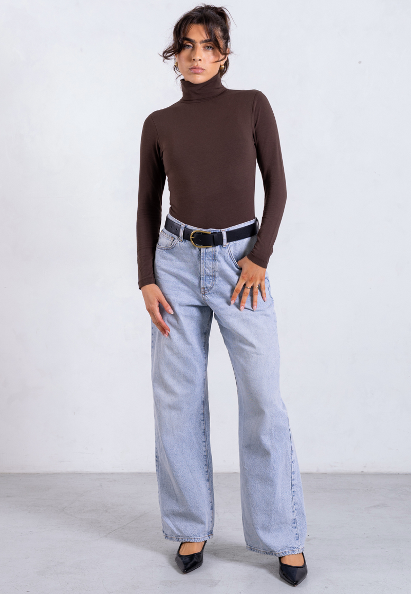 Organic Cotton Long Sleeve Roll-Neck Bodysuit, Hot Fudge