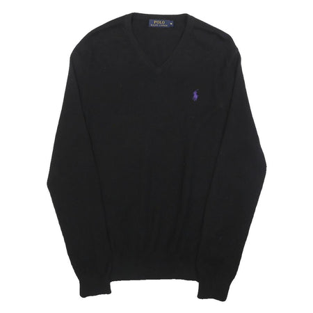 POLO RALPH LAUREN Mens Black Plain V-Neck Basic Knit Jumper Wool M Classic Style