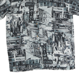 Womens Black & Grey Graphic Print Polyester Shirt M Button Collar Short Sleeve