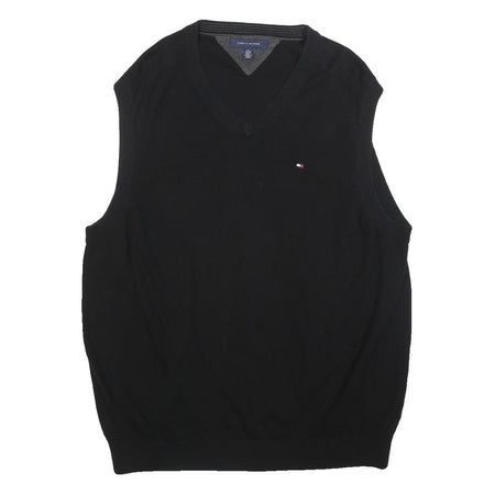 TOMMY HILFIGER Mens Black Plain Cotton Sleeveless V-Neck Jumper XL Classic
