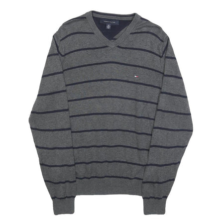 TOMMY HILFIGER Mens Grey & Navy Striped Pattern Cotton Blend Jumper V-Neck Basic