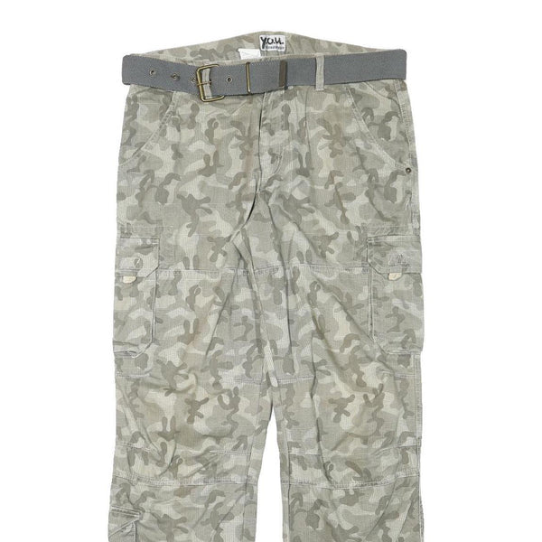 YOU Mens Cotton Blend Grey Camouflage Regular Cargo Trousers W34 L32 Belted