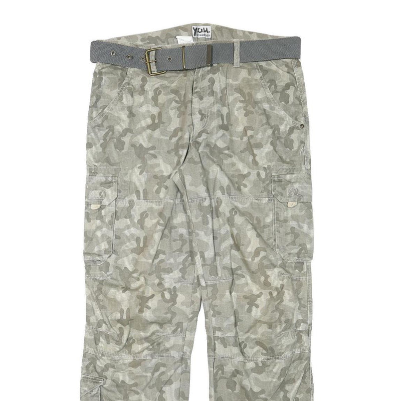 YOU Mens Cotton Blend Grey Camouflage Regular Cargo Trousers W34 L32 Belted