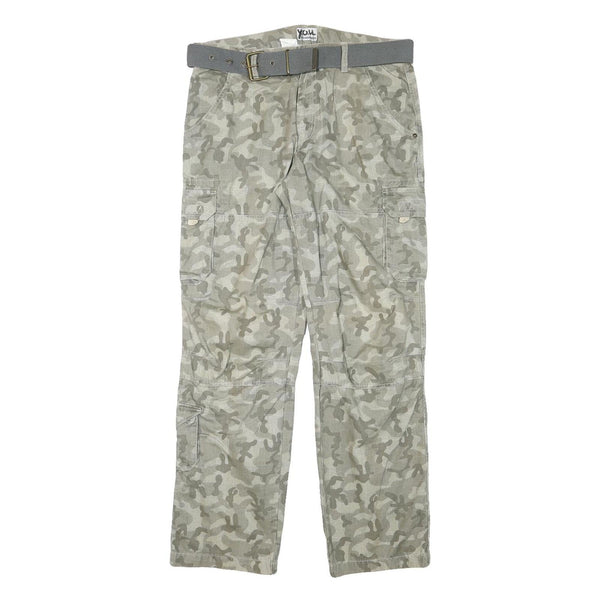YOU Mens Cotton Blend Grey Camouflage Regular Cargo Trousers W34 L32 Belted