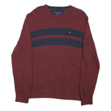 TOMMY HILFIGER Mens Maroon & Navy Patterned Jumper Crew Neck Basic Knit L Cotton