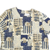 KATHY CHE Womens Cream & Blue Printed Top Short Sleeve Round Neck XL Relaxed Fit