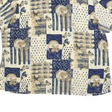 KATHY CHE Womens Cream & Blue Printed Top Short Sleeve Round Neck XL Relaxed Fit