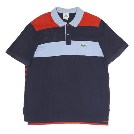LACOSTE Mens Navy & Red Striped Cotton Blend Short Sleeve Polo Shirt XL 27 Patch