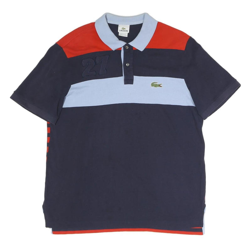 LACOSTE Mens Navy & Red Striped Cotton Blend Short Sleeve Polo Shirt XL 27 Patch