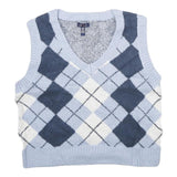 UK2LA Womens Blue & White Patterned Sleeveless V-Neck Chunky Knit Jumper S