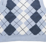 UK2LA Womens Blue & White Patterned Sleeveless V-Neck Chunky Knit Jumper S