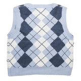 UK2LA Womens Blue & White Patterned Sleeveless V-Neck Chunky Knit Jumper S