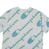 CHAMPION Mens Grey Blue All Over Script Logo Graphic T-Shirt XL Short Sleeve