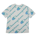 CHAMPION Mens Grey Blue All Over Script Logo Graphic T-Shirt XL Short Sleeve