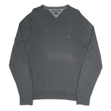 TOMMY HILFIGER Mens Grey Plain Crew Neck Basic Knit Jumper XL Cotton Blend