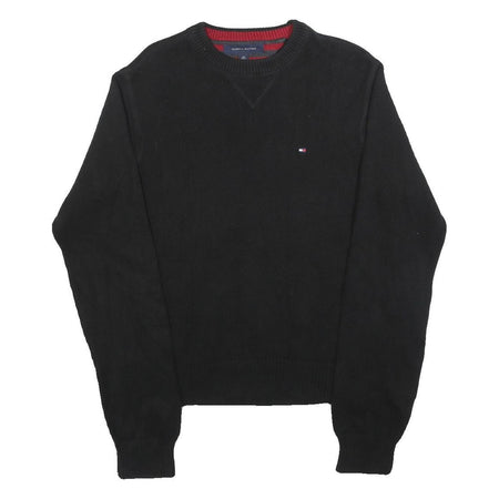 TOMMY HILFIGER Mens Black Plain Pullover Crew Neck Basic Knit S Cotton Jumper
