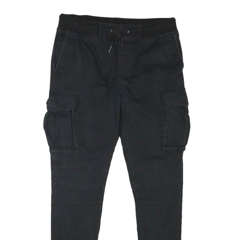 H&M Mens Cotton Blend Black Slim Cargo Trousers W31 L29 Drawstring Waist