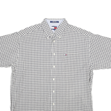 TOMMY HILFIGER Mens Grey & White Check Shirt L Button Down Collar Short Sleeve