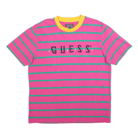 GUESS Mens Pink & Green Striped Graphic T-Shirt L Crew Neck Short Sleeve Cotton