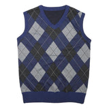 Mens Blue Grey Black Argyle Sleeveless Patterned V-Neck Basic Knit M Jumper