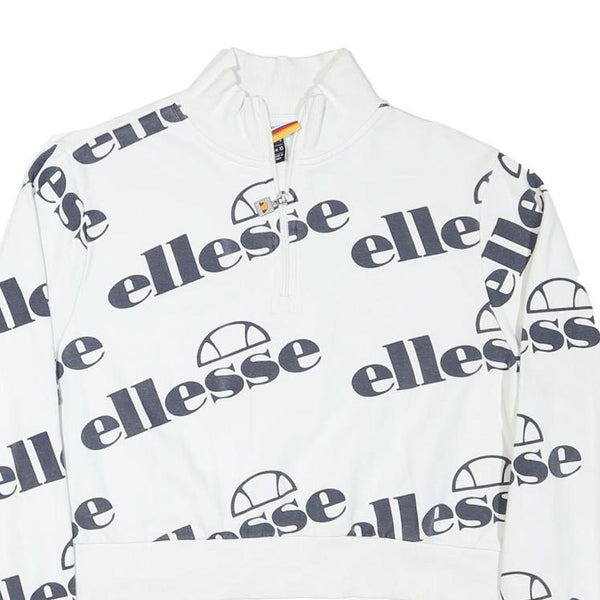 ELLESSE Womens White 1/4 Zip UK 10 Sweatshirt Cotton Blend Logo Print