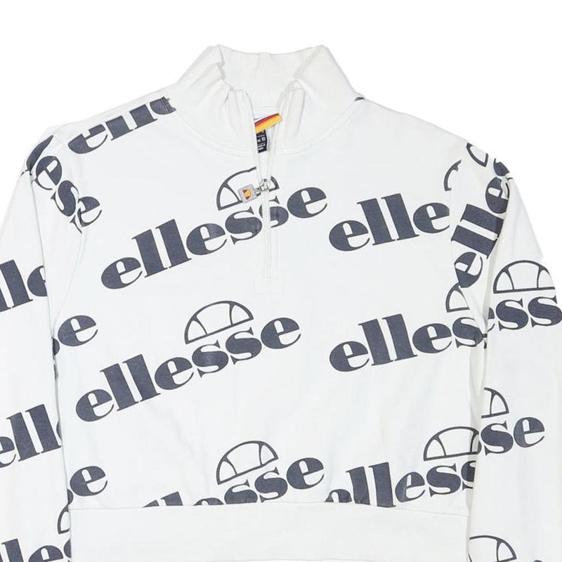 ELLESSE Womens White 1/4 Zip UK 10 Sweatshirt Cotton Blend Logo Print