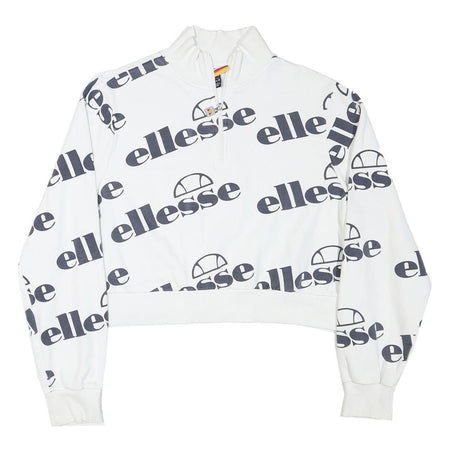 ELLESSE Womens White 1/4 Zip UK 10 Sweatshirt Cotton Blend Logo Print