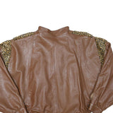 Womens Brown Leather Leopard Print Panel Zip Bomber Jacket S Soft Comfortable