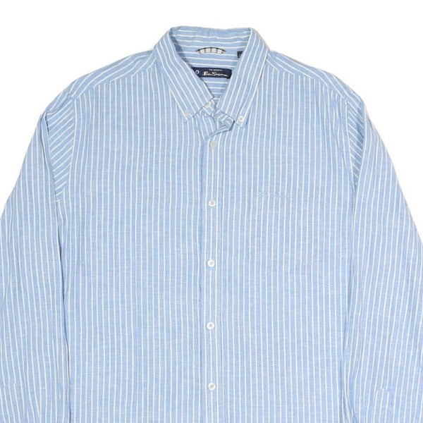 BEN SHERMAN Mens Blue & White Striped Shirt L Cotton Blend Long Sleeve Button