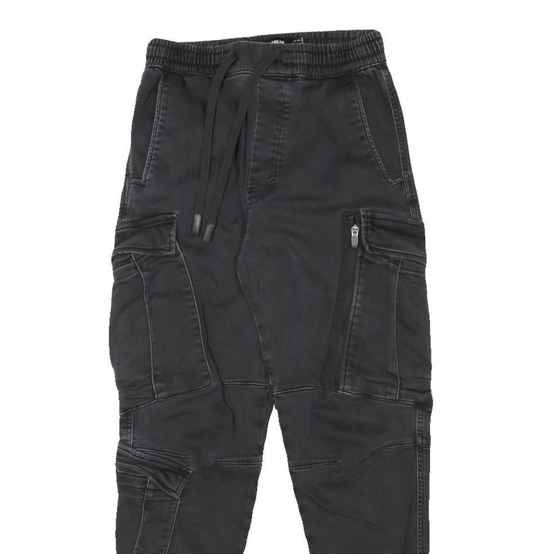 PULL & BEAR Mens Cotton Blend Black Relaxed Cargo Trousers W25 L28 Drawstring