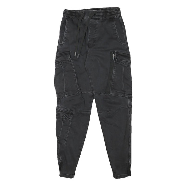 PULL & BEAR Mens Cotton Blend Black Relaxed Cargo Trousers W25 L28 Drawstring