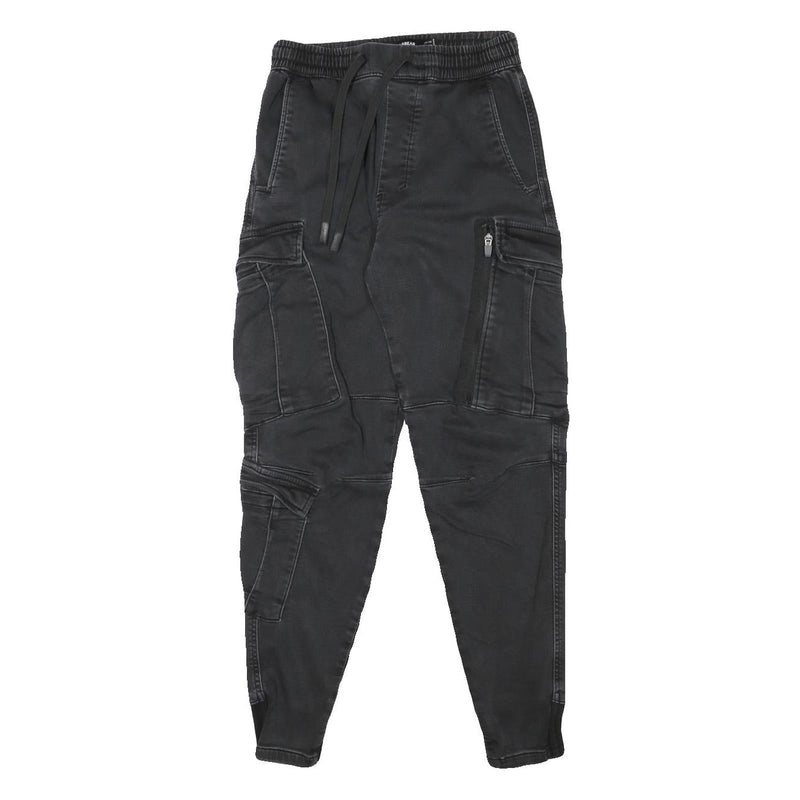 PULL & BEAR Mens Cotton Blend Black Relaxed Cargo Trousers W25 L28 Drawstring