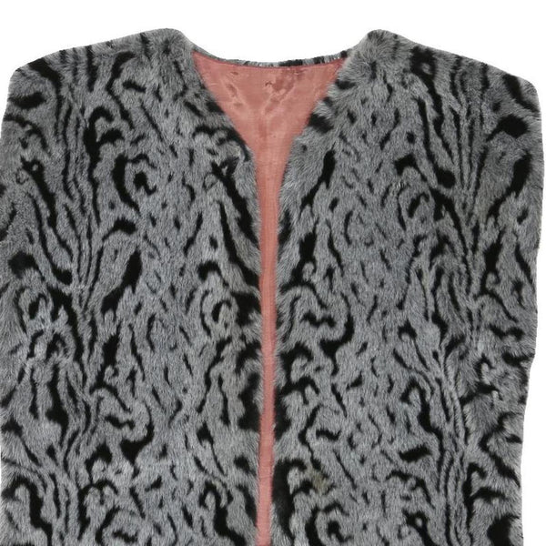Womens Grey Black Animal Print Faux Fur Jacket L Polyester Blend Sleeveless Open