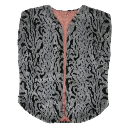 Womens Grey Black Animal Print Faux Fur Jacket L Polyester Blend Sleeveless Open