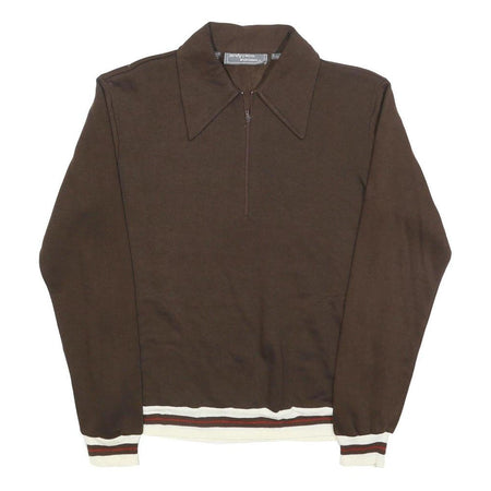 JANDY PLACE Womens Brown Polo Collar M Sweatshirt Zip Neck Retro Striped Hem