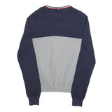 TOMMY HILFIGER Mens Navy & Grey Plain Crew Neck Basic Knit Jumper M Cotton Blend