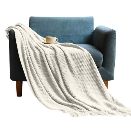 Anycozy White Knitted Waffle Throw Blanket – Soft Tassel Sofa & Bed Cover