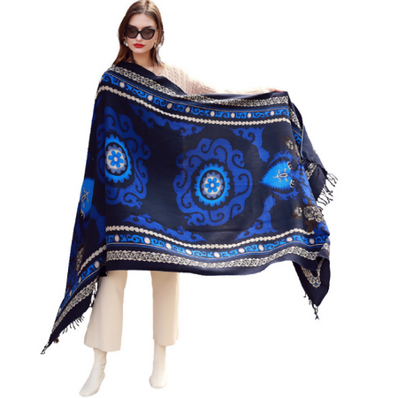 Anyyou 100% Merino Wool Ocean Blue Neck Wrap Silk Satin Large Winter Scarf Pashmina Shawl Bandana Perfect For Women Ladies Fashion Style