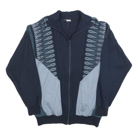 Mens Navy Blue Patterned Full Zip Jumper L Retro Vintage Style