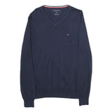 TOMMY HILFIGER Mens Navy Blue Plain Cotton V-Neck Basic Knit Jumper L