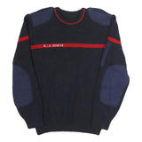 Mens Navy Blue & Red Plain Crew Neck Cotton Jumper L Military Style Patch